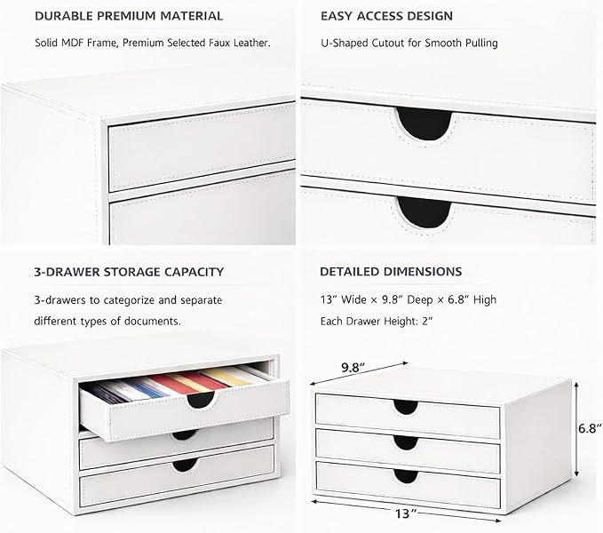 UnionBasic Document Organizer, 3-Drawer File Cabinet Document Storage Box, Office Desktop Filing Organizer, White