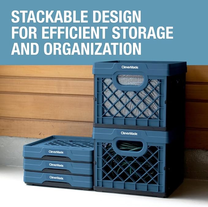 CleverMade Collapsible Milk Crate, 25L, 50 lb, Obsidian | Built-in rails hold letter-size hanging files. Interlocking crates stack open or folded and carry up to 50 lb each.