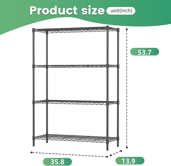 FDW | 4-Tier Wire Shelf | 36" x 14" x 54" | Black | Storage Shelves with Adjustable Racks, Holds upto 1000 lbs | Rust-Resistant, No-Tool Assembly | For Home, Garage