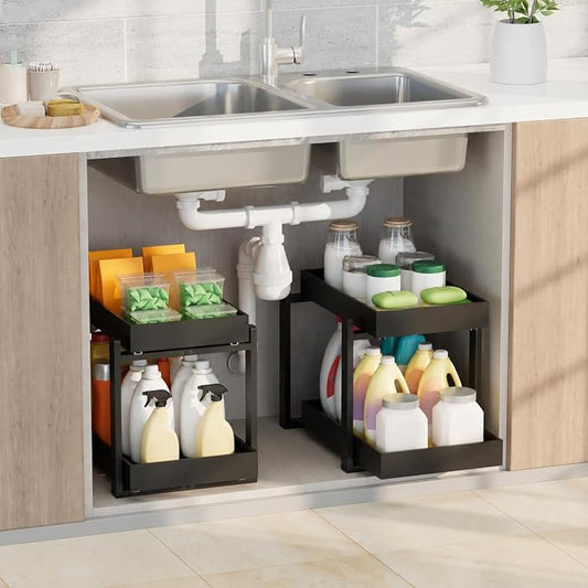 APRTAT 2 Pack Bamboo Under Sink Organizer, 2-Tier Pull Out Storage Drawers | Smooth pull-out drawers keep cleaners and tall bottles visible, organized and easy to reach in kitchen or bathroom cabinets