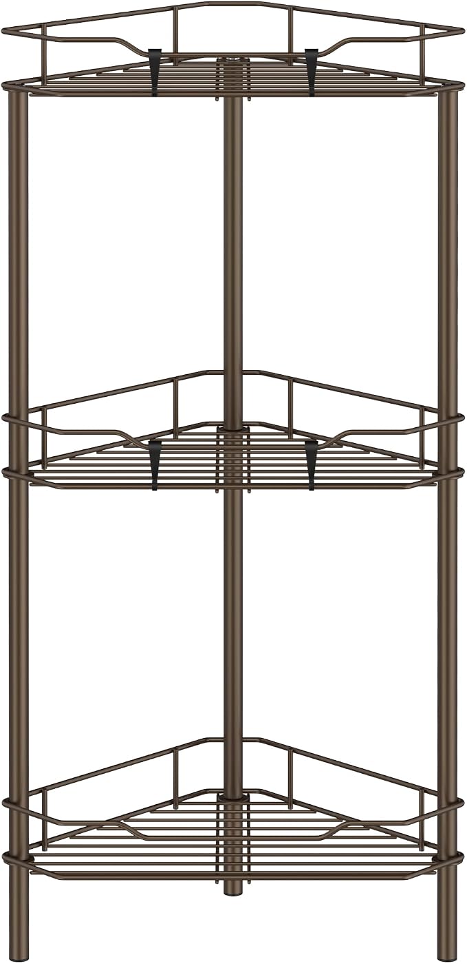 HuggieGems 3 Tier Floor Standing Corner Shower Caddy Organizer Shelf with Hooks, Bathroom Shelves Stand Rack, Bronze