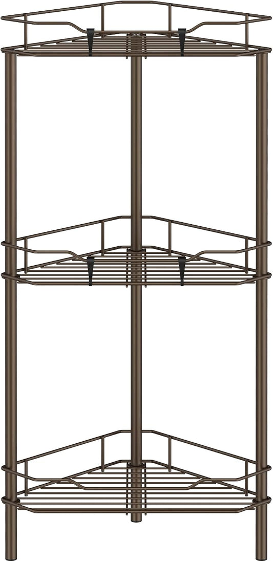 HuggieGems 3 Tier Floor Standing Corner Shower Caddy Organizer Shelf with Hooks, Bathroom Shelves Stand Rack, Bronze