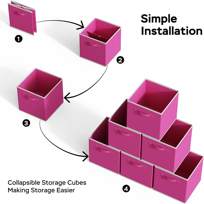MAX Houser Fabric Cloth Storage Bins,Foldable Storage Cubes Organizer Baskets with Dual Handles for Home Bedroom Storage,Set of 6(Pink)