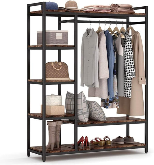 LITTLE TREE Free Standing Wood Closet Clothes Rack,Heavy Duty Grament Rack with Shelves,Hanging Racks for Clothes Clothing Rack for Bedrom,Wardrobe Closet Organizer,350 lb Capacity,Rustic