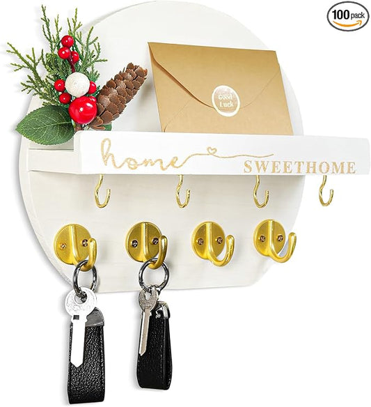 Key Holder for Wall, Key and Mail Holder Organizer - Key Holder Wall Mount with Bouquet Shelf and Key Hooks, Round Wooden Rustic Key Rack for Entryway and Home Decor (White)