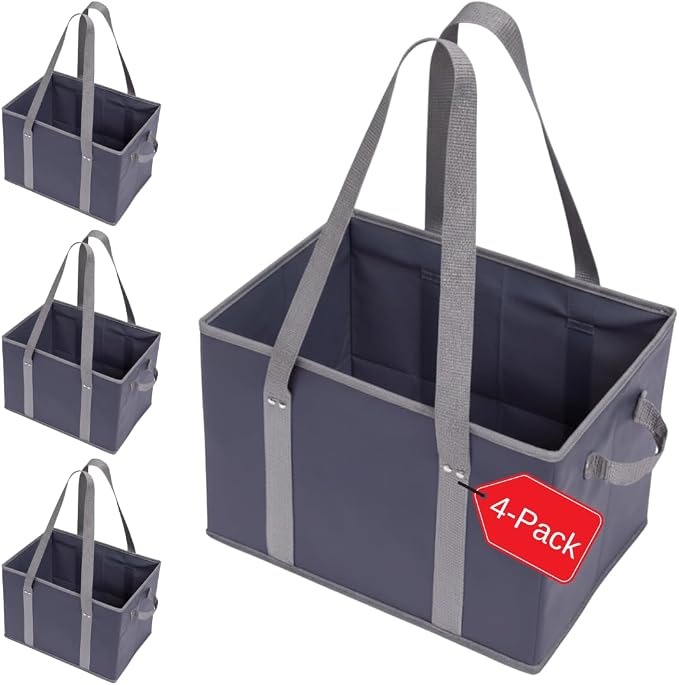 BAG-THAT! 4pk Reusable Grocery Bags Shopping Bags Tote Box Large Heavy Duty Groceries Bag Handles Foldable Reinforced Bottom (Navy Blue/Gray)