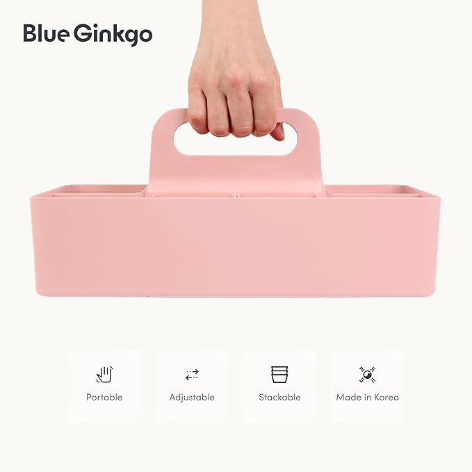 BLUE GINKGO Stackable Organizer Caddy, Long, Pink, Made in Korea | Portable. Adjustable. Home, Office & School Storage.