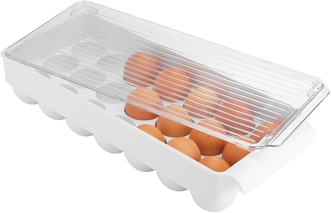 iDesign Plastic Egg Holder for Fridge with Lid, 21 Egg, Clear/White | Storage Container, Organizer Bin
