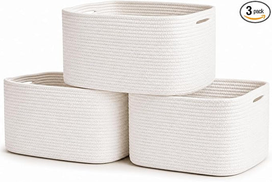 OrganiHaus Cotton Rope Baskets for Shelves, Set of 3, 15x9x10 | Handwoven; a toy bin and organizer for towels, books, or blankets; fits nursery, playroom, or bedroom decor