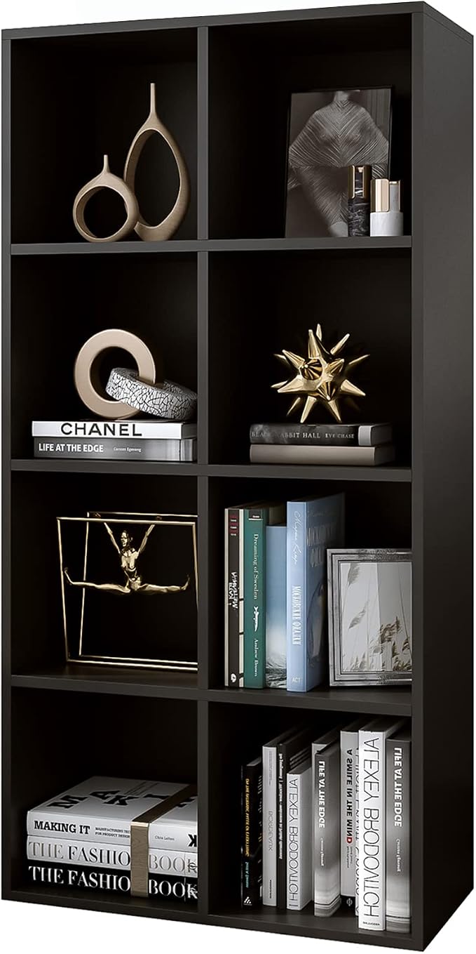 OSCHF 8-Cube Storage Shelf Bookcase, Black | Wooden 4-Tier Open Bookshelf, Fits 11×11" Bins, Vertical or Horizontal Use, Full Back Panels, For Home Office