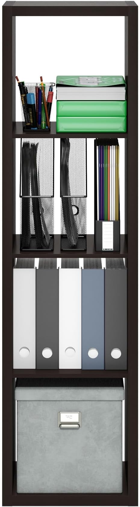 Furinno Cubicle 4-Cube Book Shelf, Extra Thick Vertical Bookshelf, Dark Oak | Horizontally & Vertically Reversible Bookcase with Open Back, 14.6" x 16" x 58",For Living Room, Bedroom, Home Office