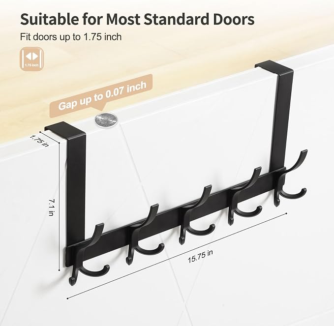 Optish Over The Door Hooks for Hanging, Over The Door Hanger, Over The Door Towel Rack for Bathroom with 5 Triple Coat Hooks, Bathroom Towel Holder Towels Hanger (Black, 1 Pack)