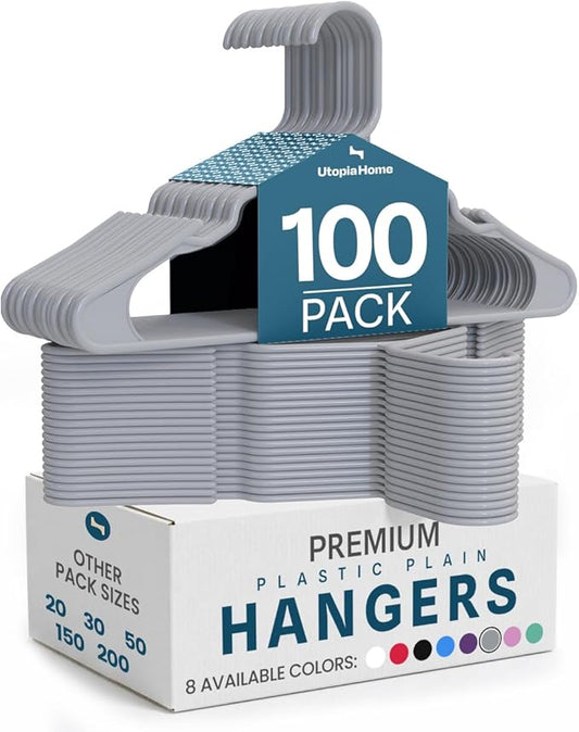 Utopia Home Plastic Hangers 100 Pack – Space Saving Clothes Hanger Grey | Durable & strong | Closet organizer & storage | Ideal for apartments, dorms & stocking stuffers