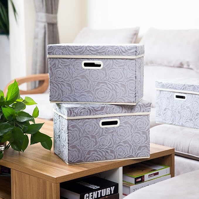PRANDOM Collapsible Storage Cubes with Lids Fabric Decorative Storage Bins Boxes Organizer Containers Baskets with Cover Handles for Bedroom Closet Living Room 14.9x9.8x9.8 Inch 3 Pack