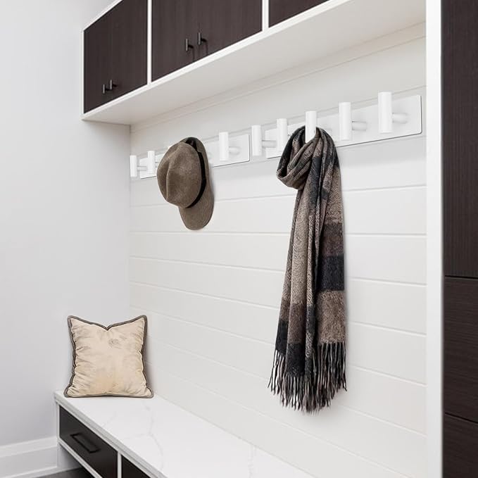 Bntuk Coat Rack Wall Mount - 5 Hat and Coat Hooks, Heavy Duty Towel Racks for Bathroom Entryway, Wall Hooks for Hanging Robes Bags, Hat Rack Key Hanger Organizer (White)