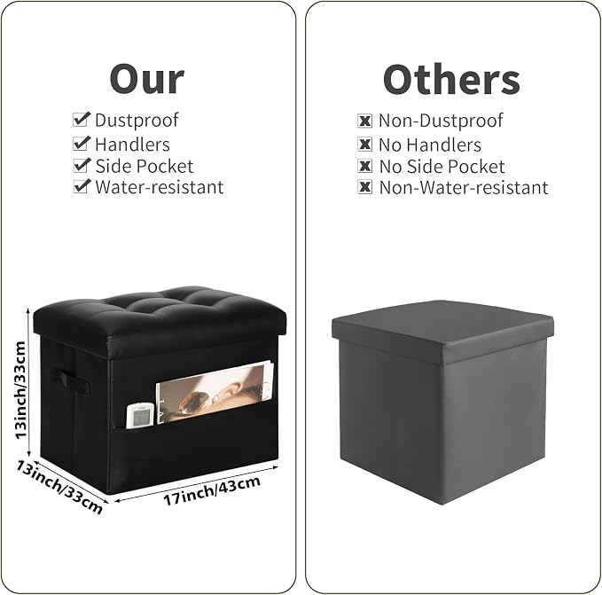 Storage Ottoman Foot Rest Stool with Thicker Foam Padded Seat. Foldable Leather Footstool Bench. Small Ottoman with Storage for Living Room Bedroom Coffee Table 350 lbs, 17x13x13in, Black. | Foldable Leather Foot Stool with Storage, Small Ottoman with ...