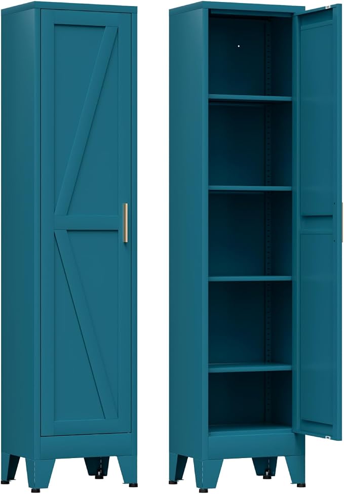 COFaR 67'' Tall Narrow Bathroom Storage Cabinet, Metal Farmhouse Skinny Pantry Cabinet with 4 Adjustable Shelves and One Door, Slim Cabinet Storage for Kitchen Laundry, 5-Tier Peacock Blue