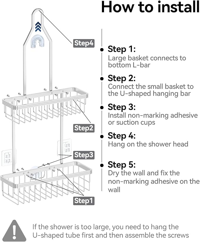 YASONIC Never Rust Shower Caddy Hanging, Aluminum Shower Racks for Inside Shower, 2-Tier Shower Organizer Hanging Over Shower Head with Hooks and Soap Holder, Silver