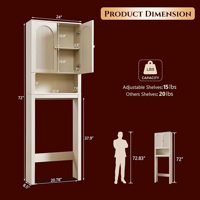 72" Over The Toilet Storage Cabinet, Modern Over Toilet Bathroom Organizer Shelf with Fluted Arched Doors, Wooden Free Standing Bathroom Storage Cabinet with Adjustable Shelf, Space Saver, Cream