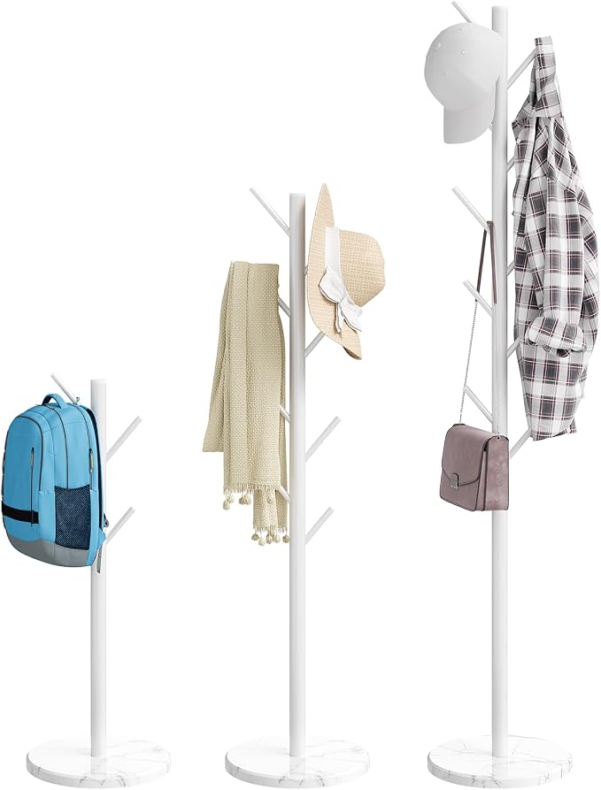 Coat Rack Freestanding, Metal Coat Rack with Natural Marble Base, White | 10 Hooks, 3 Adjustable Heights, Heavy Duty Coat Tree for Bags, Clothes, and Hats for Entryway, Bedroom, Hallway, Office