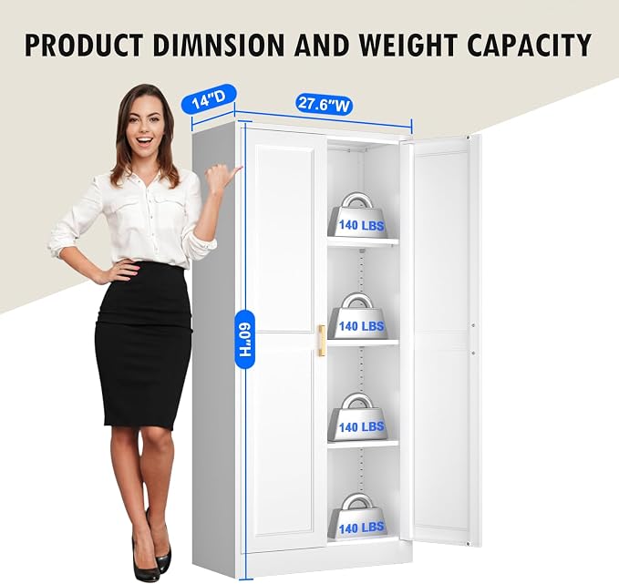 Polup 60" White Metal Kitchen Pantry Storage Cabinet with Doors and Shelves | Freestanding Cupboard, Cold-Rolled Steel, 4-Tier Heavy Duty, Adjustable Shelving, Gold Handles, for Garage Office & Laundry