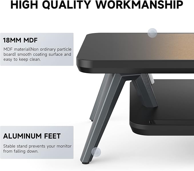 Fenge Monitor Stand Riser, Wooden Desk Shelf with 2-Tier Storage | 23.6-Inch Wide, Sturdy Aluminum Legs, Built-In Phone & Tablet Slot, Desktop Organizer for Office Accessories