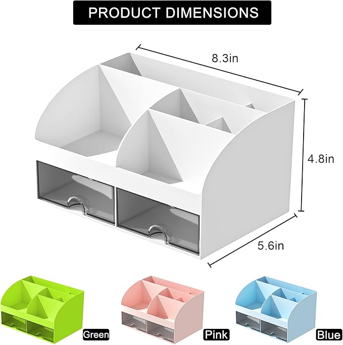 COMFYROOM Desk Organizer with 6 Compartments and 2 Drawers, Plastic Makeup Organizer, Pen Holder for Desktop Storage, Desk Organization for School, Home, Office Supplies (White)