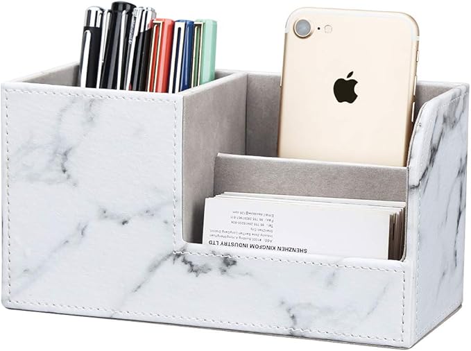 Desk Organizer Office Supplies Caddy Pu Leather Multi-function Storage Box Pen/Pencil,Cell phone, Business Name Cards Remote Control Holder Gray Marble