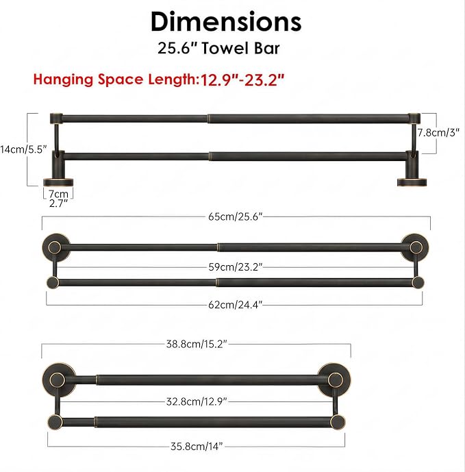 BESy Double Towel Bar Towel Rack for Bathroom Towel Rod Oil Rubbed Bronze | Adjustable 16-26 In,Wall Mounted Towel Holder, Stainless Steel, Rustproof, Towel Bar Rod Hanger Hardware Accessories Hotel
