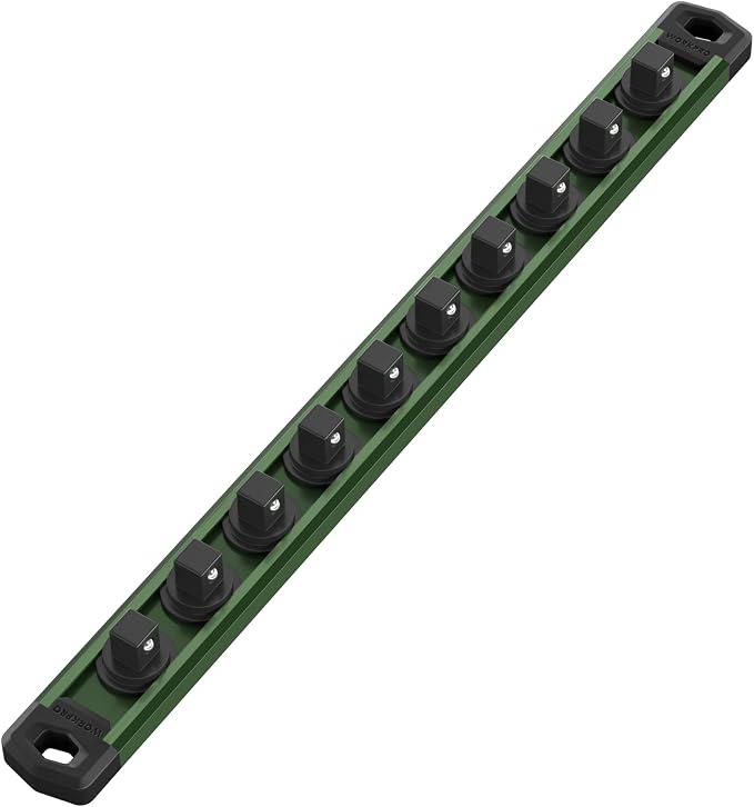 WORKPRO Magnetic Socket Organizer, Heavy Duty 3/8-Inch Drive Socket Rail | 1 Piece Socket Holder with 10 Spots, Aluminum Alloy, Rotatable & Movable Clips, Efficient Organization