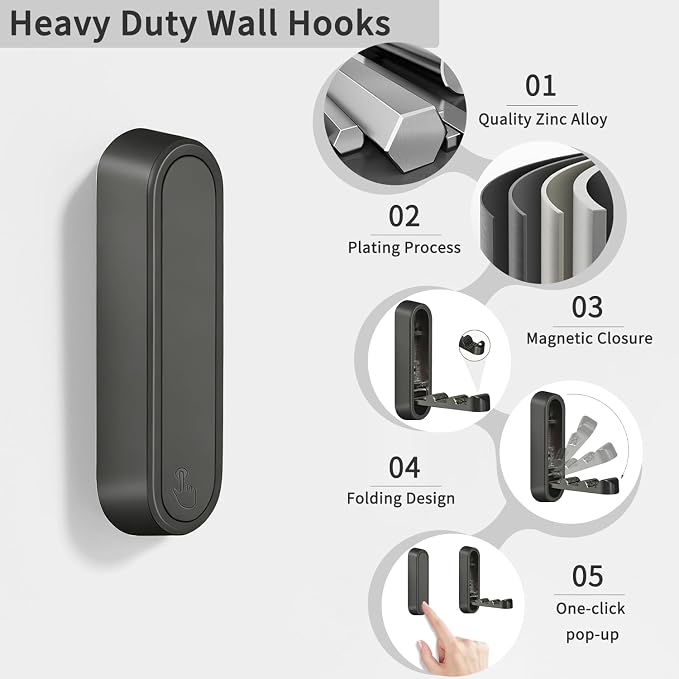4PCS Foldable Wall Hooks, Flip Down Design with 40 lbs Heavy-Duty Capacity, Retractable Wall Hooks for Bathroom, Bedroom & Entryway Space Saving (Black)
