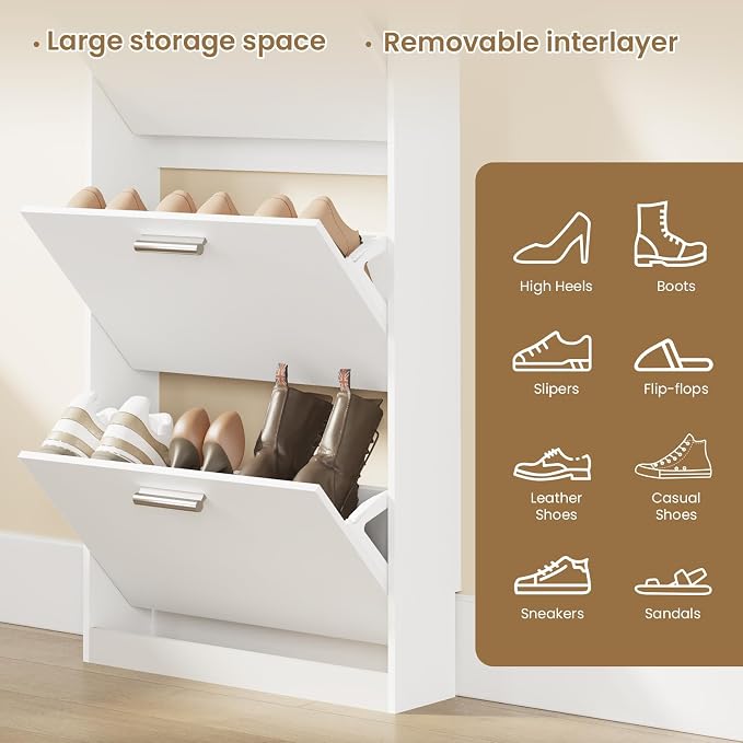 Slim Shoe Cabinet with 3 Flip Drawers,Narrow Shoe Rack 23.6" W White | Freestanding shoe storage cabinet for entryway,foyer and hallway,slim design and space-saving flip drawers