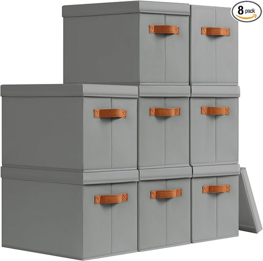 Storage Bins with Lids - Fabric Storage Baskets for Shelves, 8 Pack Foldable Decorative Boxes with Handles, Stackable Organizer Bins for Home, Nursery, Dorm, Grey