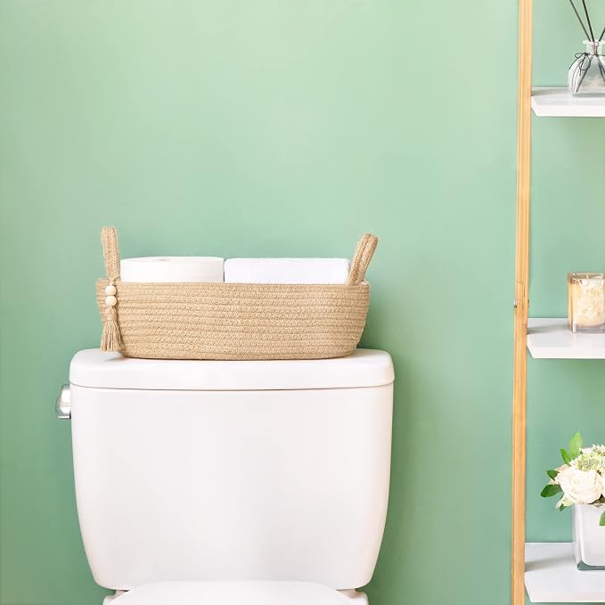 Mkono Toilet Paper Basket, Boho Bathroom Decor, Small Storage Organizer | Brown, 13"L x 6"W, Back of Toilet Basket, Decorative Woven Tray with Handles, Space-Saving, Living Room Bedroom, 1 Pack