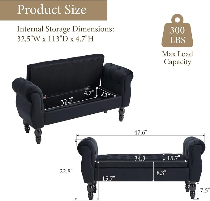 47″ Storage Bench with Arms End of Bed Bench,Velvet Entryway Bench with Storage, Button Tufted Upholstered Ottoman Bench Wood Legs, Window Sitting Bench for Bedroom/Living Room/Hallway, Black