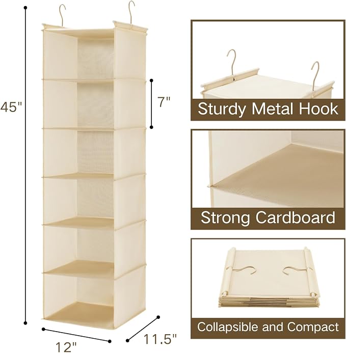 MAX Houser 6 Tier Shelf Hanging Closet Organizer, Closet Hanging Shelf with 2 Sturdy Hooks for Storage,2 Pack, Foldable (Yellow)