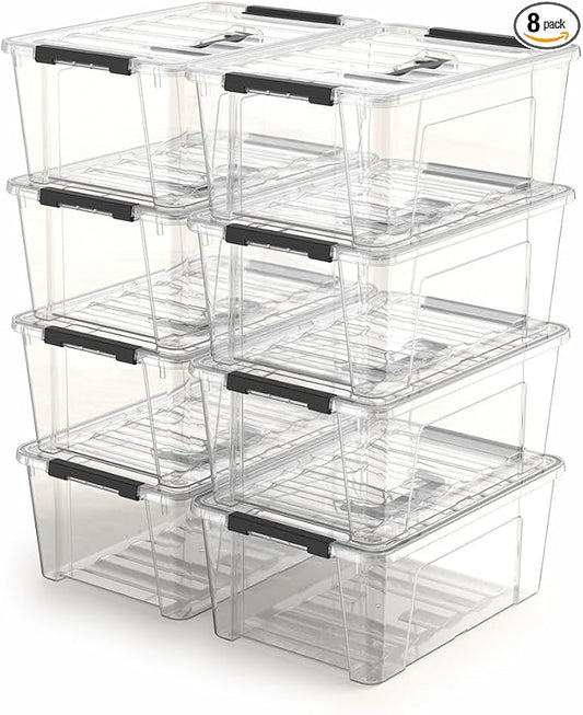 8 Pack Clear Plastic Storage Bins with Lids and Handle, Small Stackable Latching Storage Boxes for Organization (5 Quart)