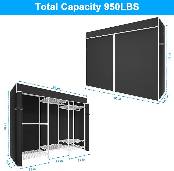 E13C Heavy Duty Closet Organizer System，Freestanding Clothing Racks for Hanging Clothes，Adjustable Garment Rack 63" W x 16" D x 77" H Hold 960 lbs，White Clothing Rack with Black Dustproof Cover
