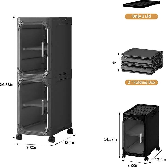 2-Tier Narrow Slim Bathroom Storage Cabinet with Wheels, Black | Tool Free Assembly, Adjustable Shelves, Fits for Narrow Spaces, Reinforced Stability, Magnetic Clear Door