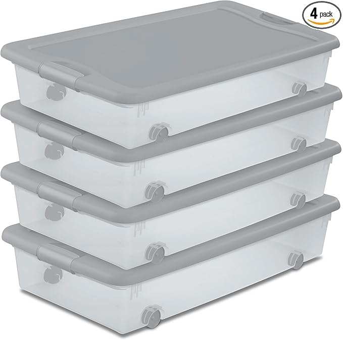 Sterilite Wheeled Latching Box w/Lids for Home & Office, 56 Quart, 4-Pack | Heavy-Duty and Stackable Plastic Containers with Latches for Closet, Cabinet, Bedroom, Bathroom and Dorm Room Organization