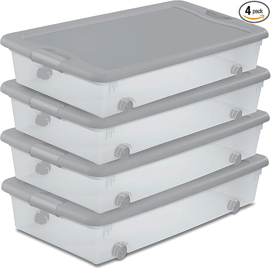 Sterilite Wheeled Latching Box w/Lids for Home & Office, 56 Quart, 4-Pack | Heavy-Duty and Stackable Plastic Containers with Latches for Closet, Cabinet, Bedroom, Bathroom and Dorm Room Organization