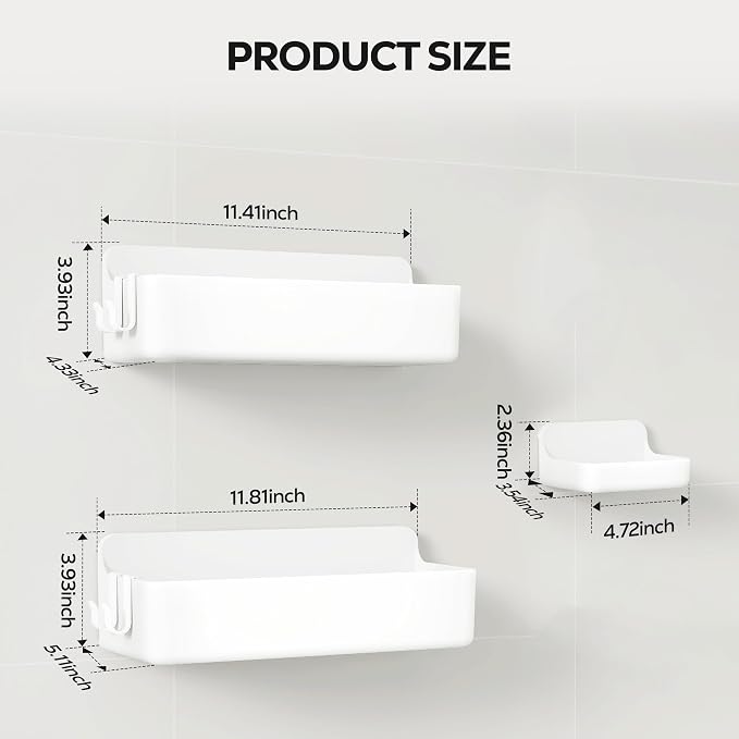 Nieifi Adhesive Shower Shelves, White, 3 Pieces | Rustproof ABS, Large Capacity, Removable Design, Easy-Clean, No Drilling Shower Organizer for Bathroom Storage & Home Decor