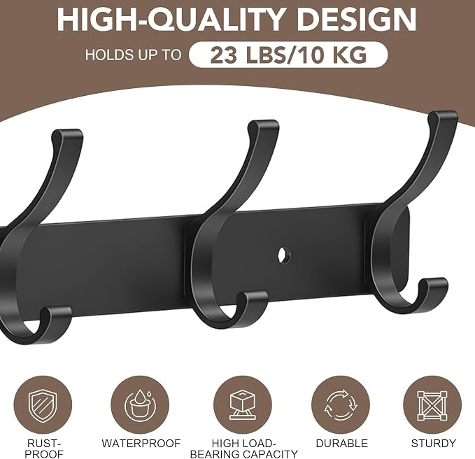 Wall Mount Coat Rack 2 Pack, Black Coat Hooks Hanger with 5 Double Hooks | Zinc Alloy, Smooth Hook Edges, Screw Installation, Double Hooks，Greater Storage Space for Hanging Robes, Clothes, Bags, Hat