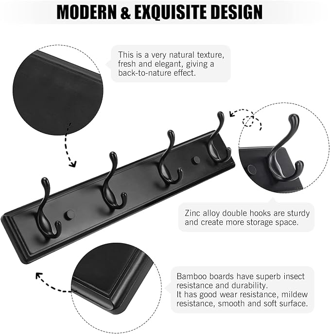 Badiano Wooden Coat Rack, Wall-Mounted Organizer for Closet, Entryway, Hallway, Foyer, Bedroom, Heavy Duty Double Hooks for Hanging Towels, Bags, Hats, Jackets, Key (Black, 4 Hooks)