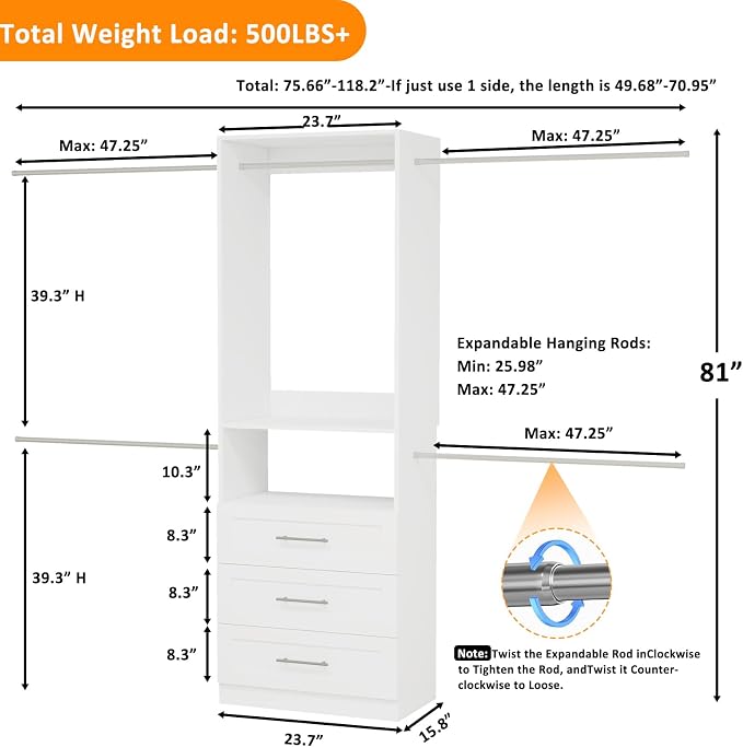 Closet System with 3 Drawers, 5-9FT Modular Organizer | Walk-in Closet Organizer System with 5 Expandable Hanging Rods, 1 Shelves, Wall Mounted Built-in Customized Storage System