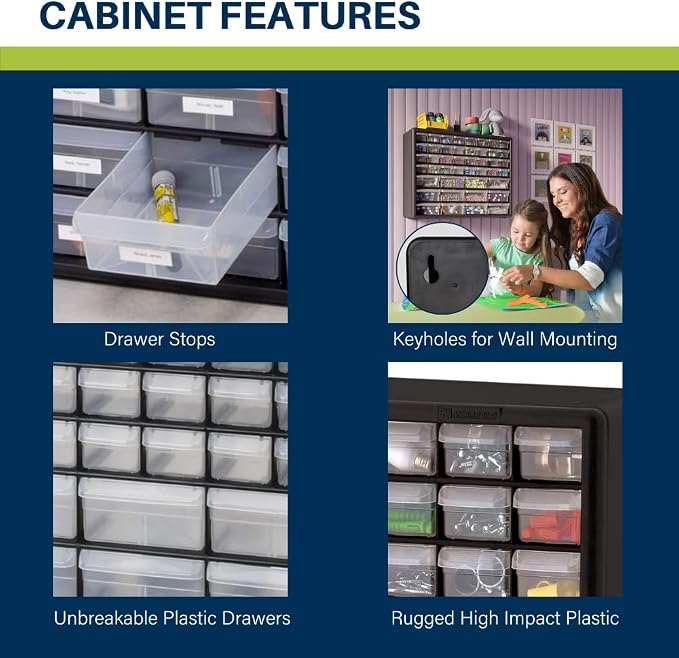 Akro-Mils 44-Drawer Plastic Drawer Storage Cabinet for Garage Organization, Bead Organizer, Building Bricks Storage, Teacher Toolbox, Makeup Organizer, 20-Inch W x 6-Inch D x 16-Inch H, 10144 Red