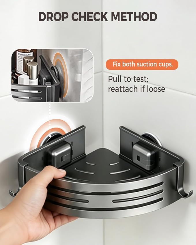Conworld Corner Shower Caddy Suction Cups, No-Drilling Corner Shower Shelf | 1. No Drilling, No Wall Damage 2. Aluminum, Rustproof 3.Suitable for Ceramic Tiles and Glass Walls