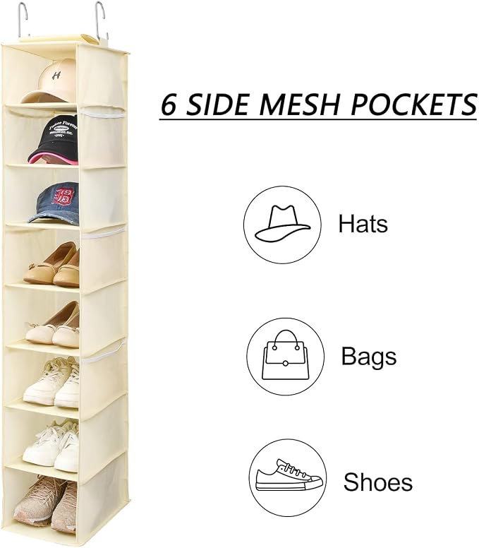 Berdeng Hanging Shoe Organizer for Closet with Side Mesh Pockets，Hat Racks for Baseball Caps，Shoe and Hat Holder & Storage，8-Shelf，Beige，1 Pack