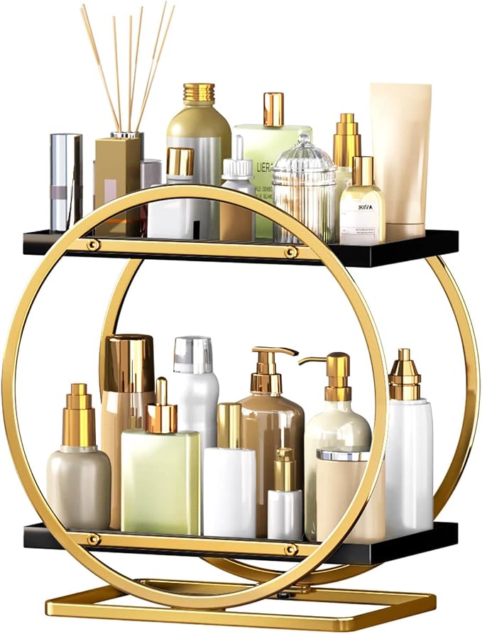 Makeup Organizer Vanity, Black Gold Perfume Organizer for Dresser | 2-Tier Bathroom Counter Organizers, Bathroom Countertop Shelf, Skincare Storage Perfume Stand, Vanity Trays Cosmetic Display