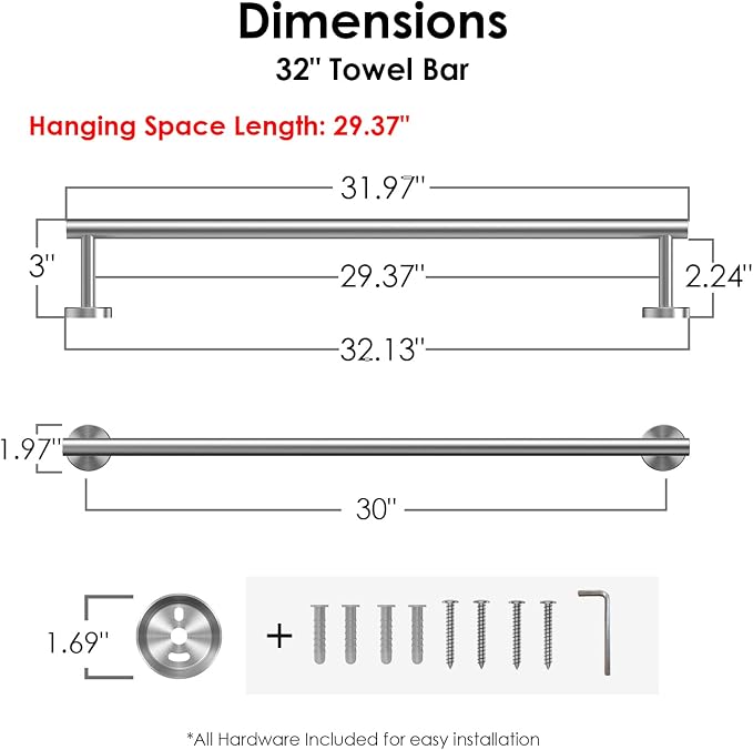 FORIOUS Towel Bar 30" Towel Racks for Bathroom Wall Mounted Brushed Nickel | Total Length 32 Inch, Rustproof, Stainless Steel Towel Holder, Wall Mounted for Bathroom Bedroom, Heavy Duty, Space Saving